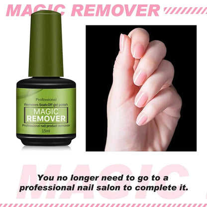 Blushimmer 15ml Magic Fast Nail Gel Polish Remover with UV soak-off tools for semi-permanent nail art removal.