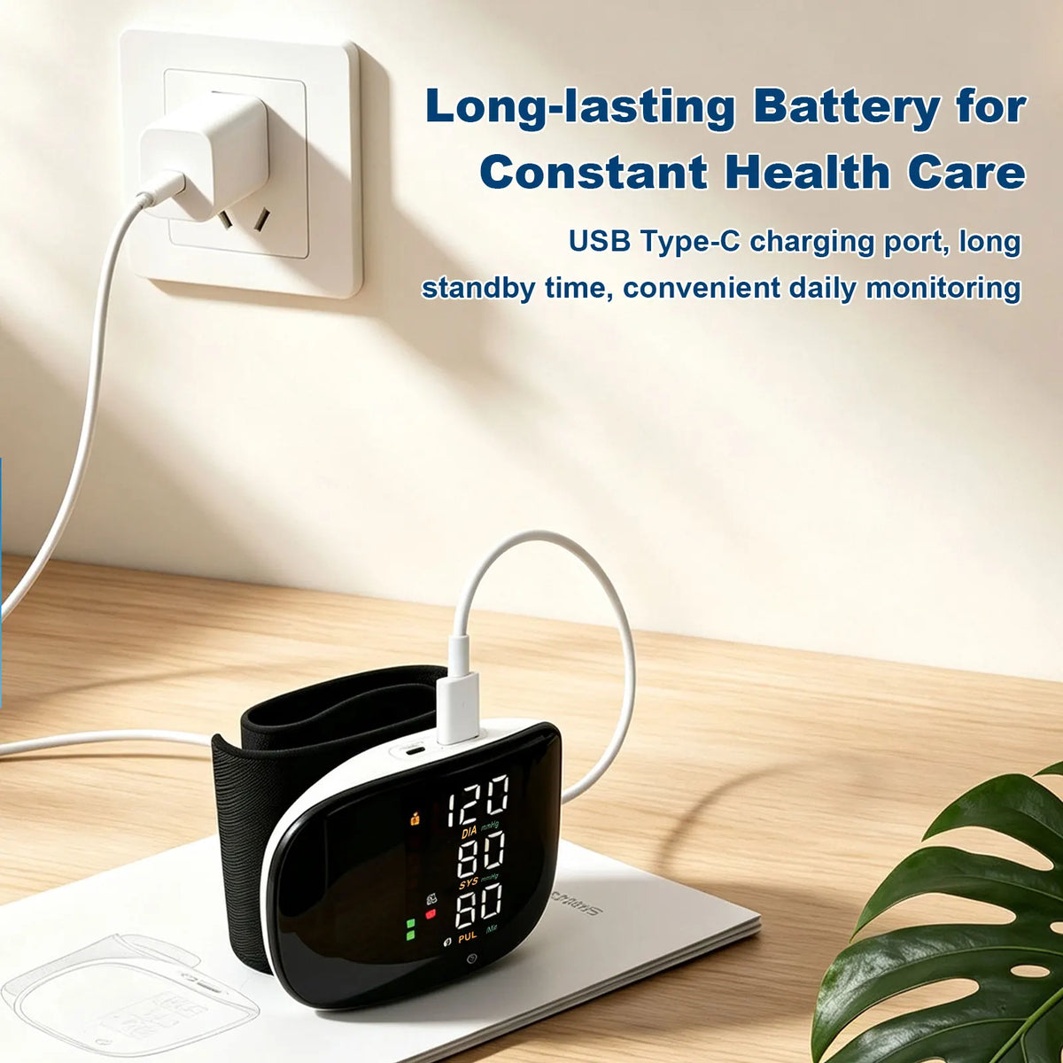Rechargeable NAIL Store digital wrist blood pressure monitor with LED display, voice broadcast, heart rate detection, and portable case.
