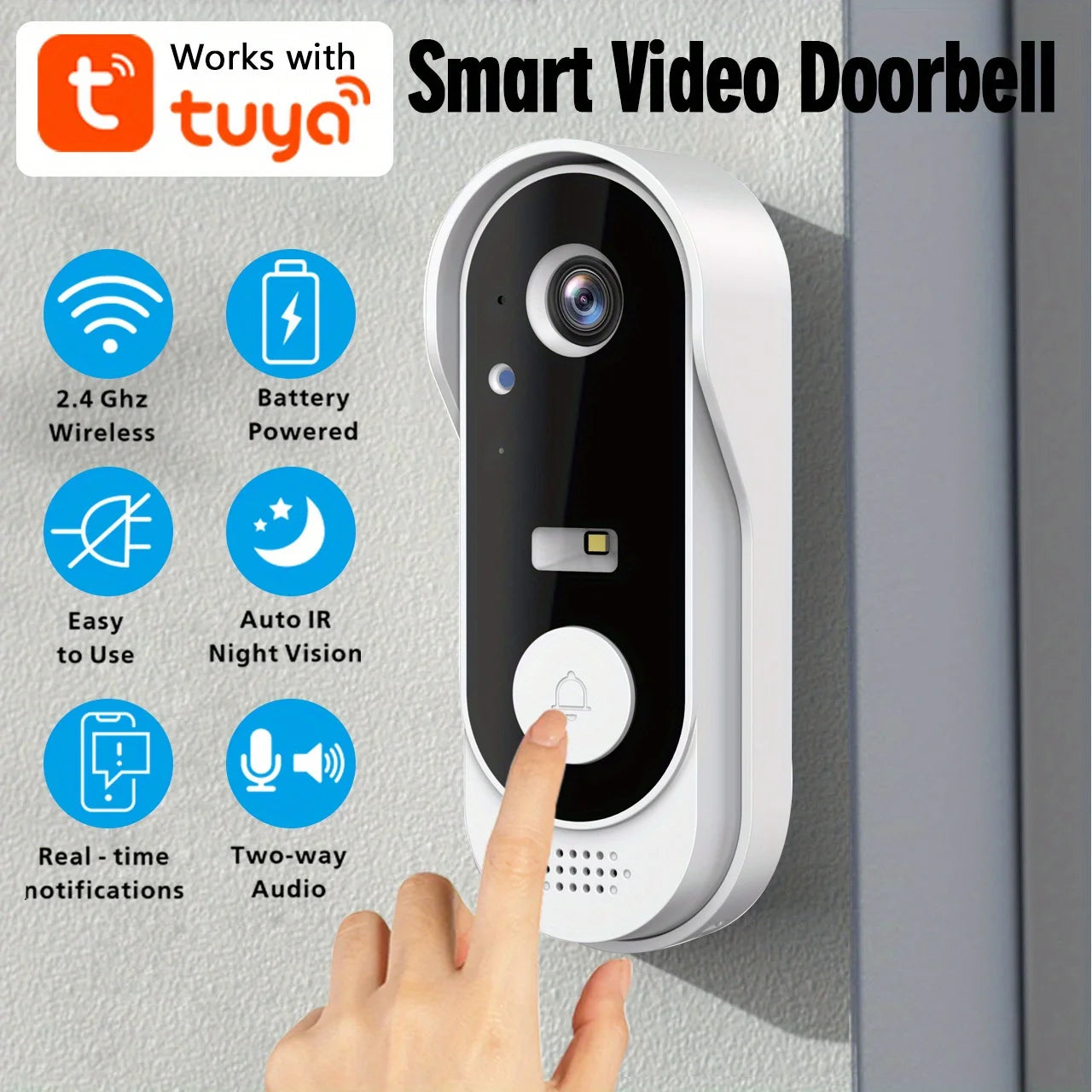 Tuya WiFi Video Doorbell - 2-Way Audio, Outdoor 1080P HD, SD+Cloud Storage, Motion Detection, Easy Setup & Live Alerts