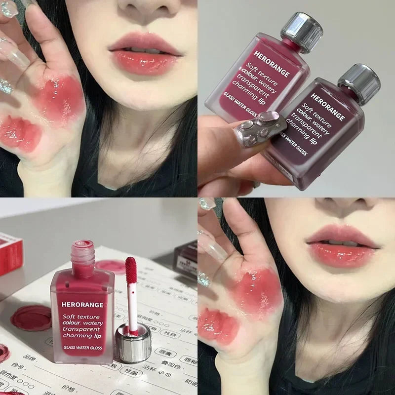 Blushimmer Punk Juice Red Lip Gloss with black mirror finish, water-light lip glaze, clear tint, and waterproof lipstick on a model.