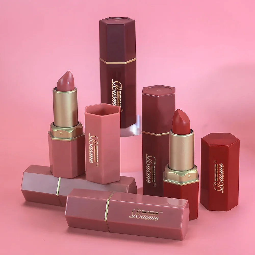 Six Blushimmer gold bar tube matte lipstick set with pearlescent glitter, velvet finish in six colors, perfect for Valentine's Day gifts.