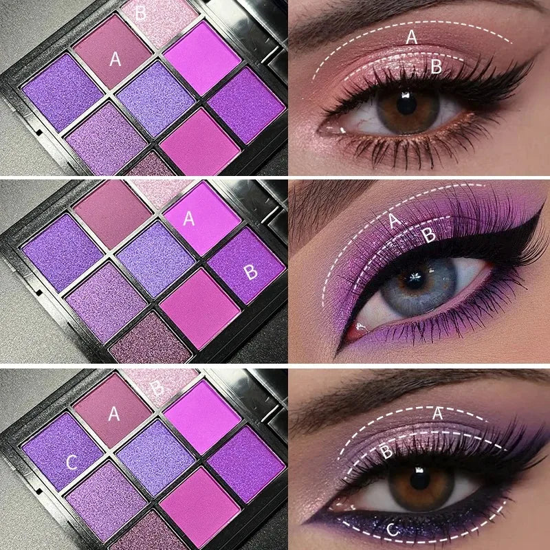 Blushimmer 9-color eyeshadow palette with matte, metallic, shimmer, and glitter shades in a compact makeup set.