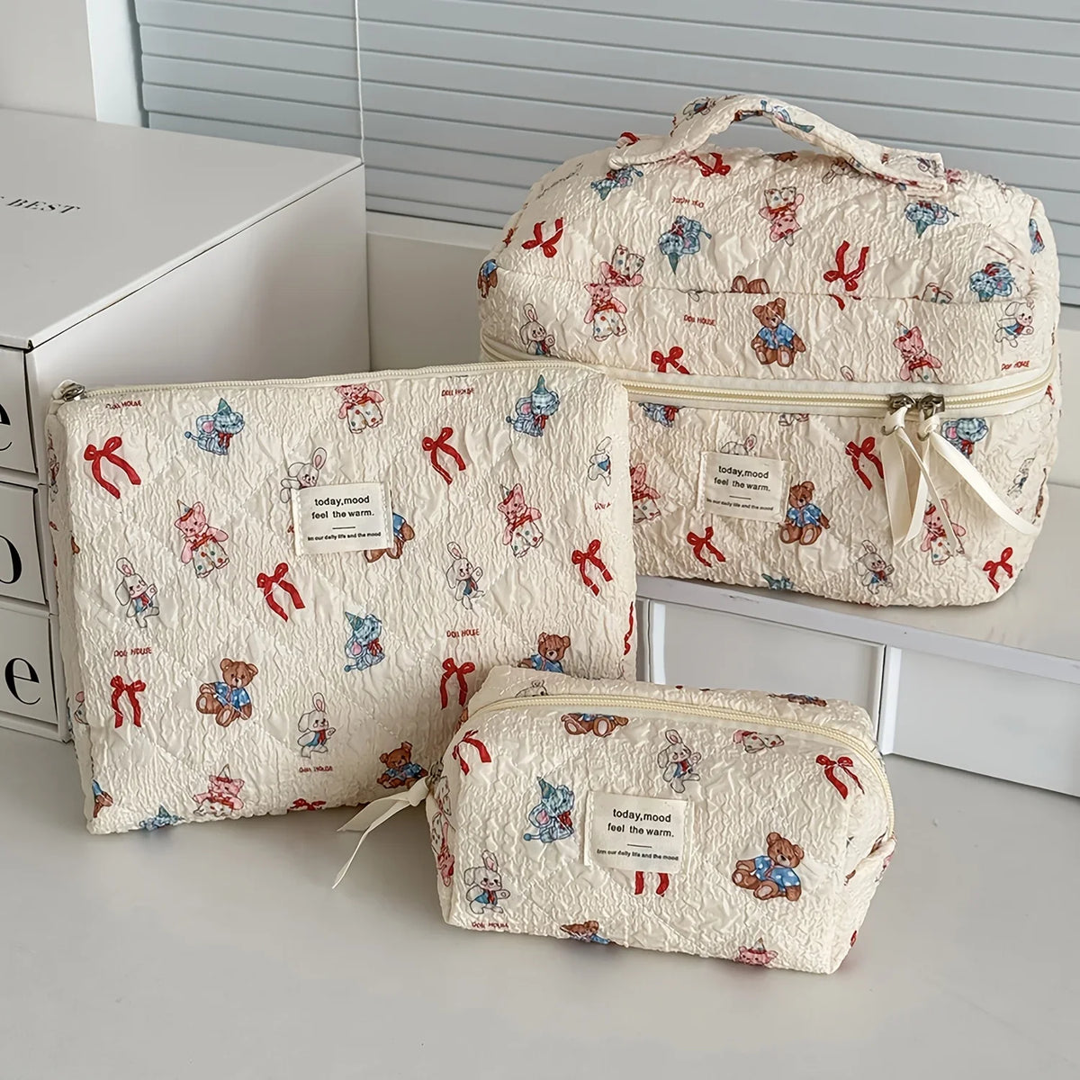 Cute quilted cotton makeup bag by Blushimmer with zipper, portable cosmetic organizer and cloth handbag for women.