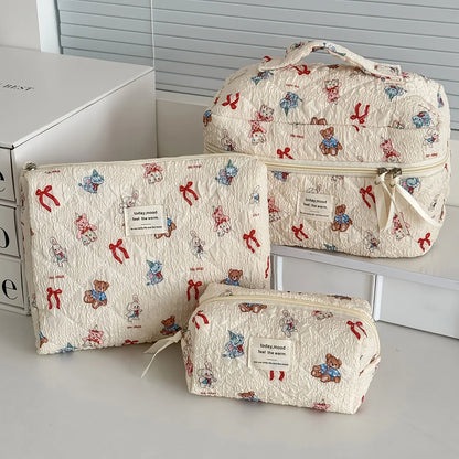 Cute quilted cotton makeup bag by Blushimmer with zipper, portable cosmetic organizer and cloth handbag for women.