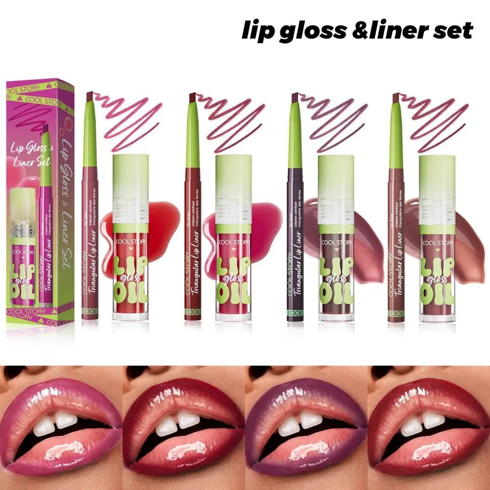 Blushimmer 3-piece lip liner and gloss set with dual-ended lipstick and smooth, buildable lip gloss for women.