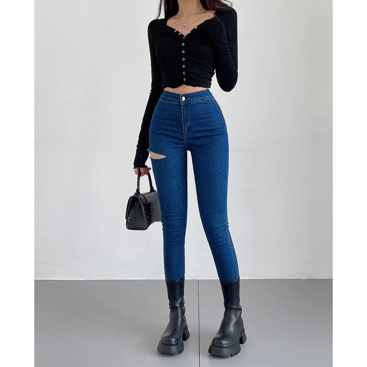 WOMENGAGA American Spicy Girls Sexy Hole Jeans Slim High Waist Elastic Feet Pencil Pants Trousers Fashion Women BOF8