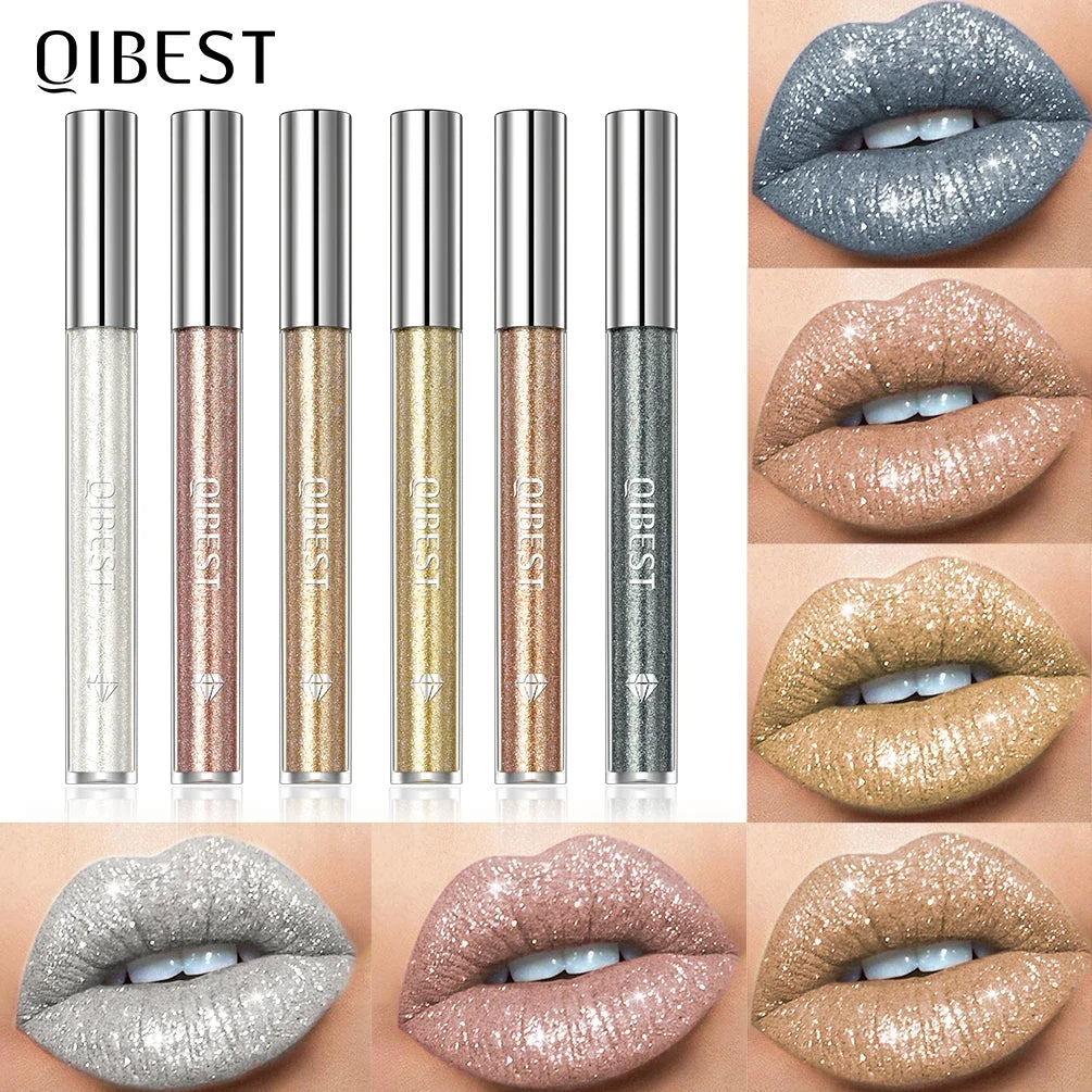 Blushimmer QIBEST Diamond Liquid Lipstick in gray with sparkling finish, moisturizing, long-lasting waterproof lip gloss for women.