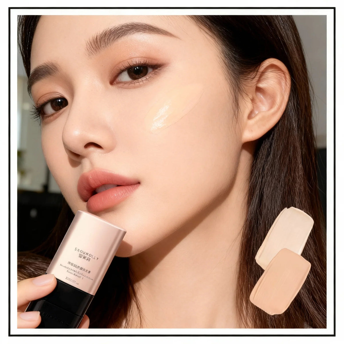 Blushimmer 2-in-1 lightweight foundation stick with full coverage, hydrating formula, natural finish, and radiant long-lasting makeup.