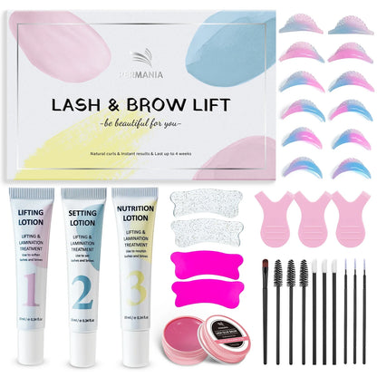 Blushimmer Permania Lash Lift and Brow Lamination Kit with eyelash perm tools and solutions on a white background.