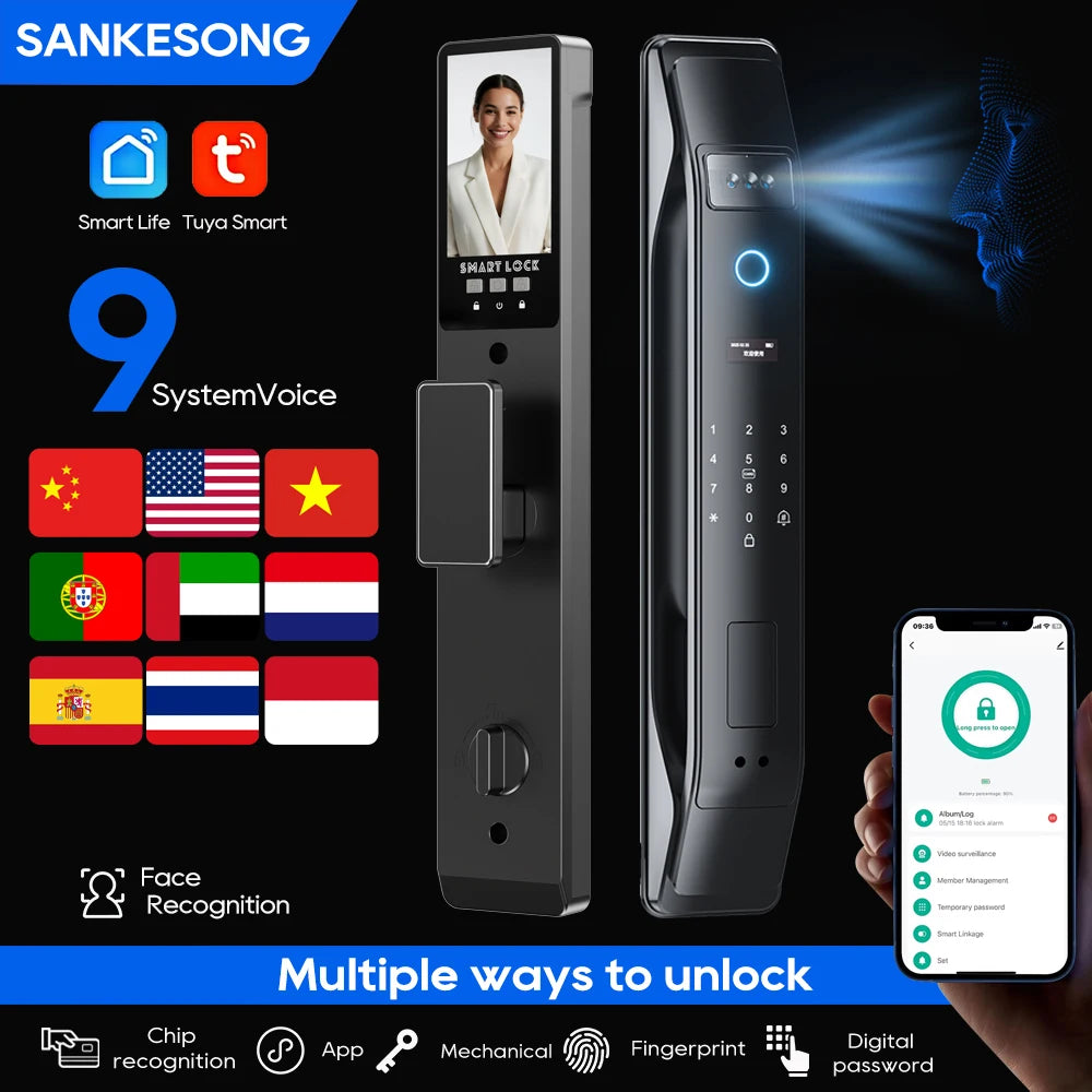 SANKESONG Tuya Smart 3D Face Door Lock Security Camera Monitor Intelligent Fingerprint Password Biometric Electronic Key Unlock