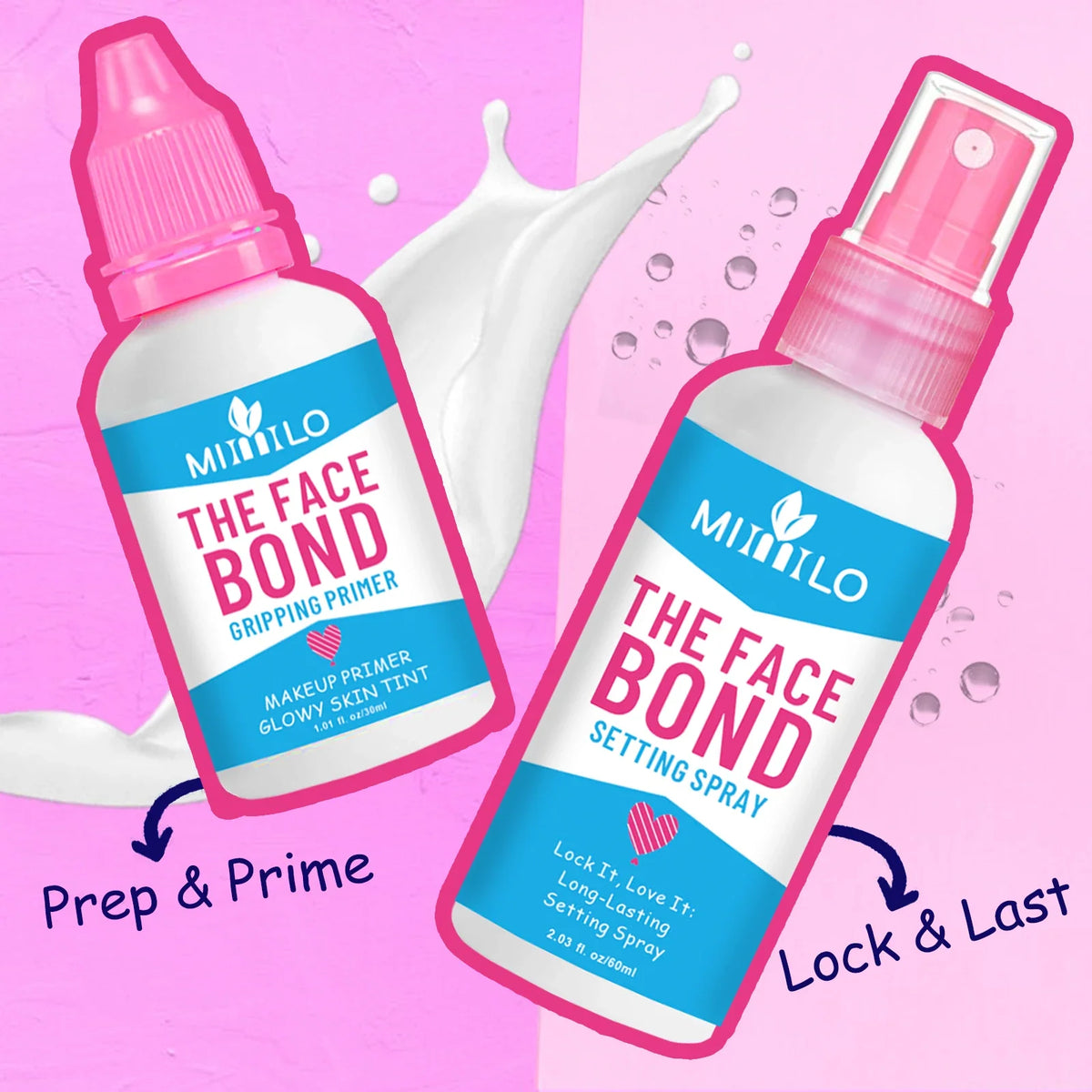 Blushimmer long-lasting primer and setting spray duo, deep hydrating, non-greasy, smudge-proof makeup base that holds like glue.