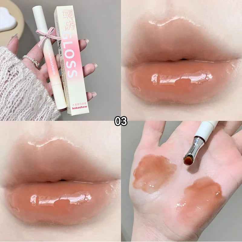 Blushimmer Kakashow Mirror Watery Lip Gloss with moisturizing jelly texture, featuring a glossy, translucent lip tint.
