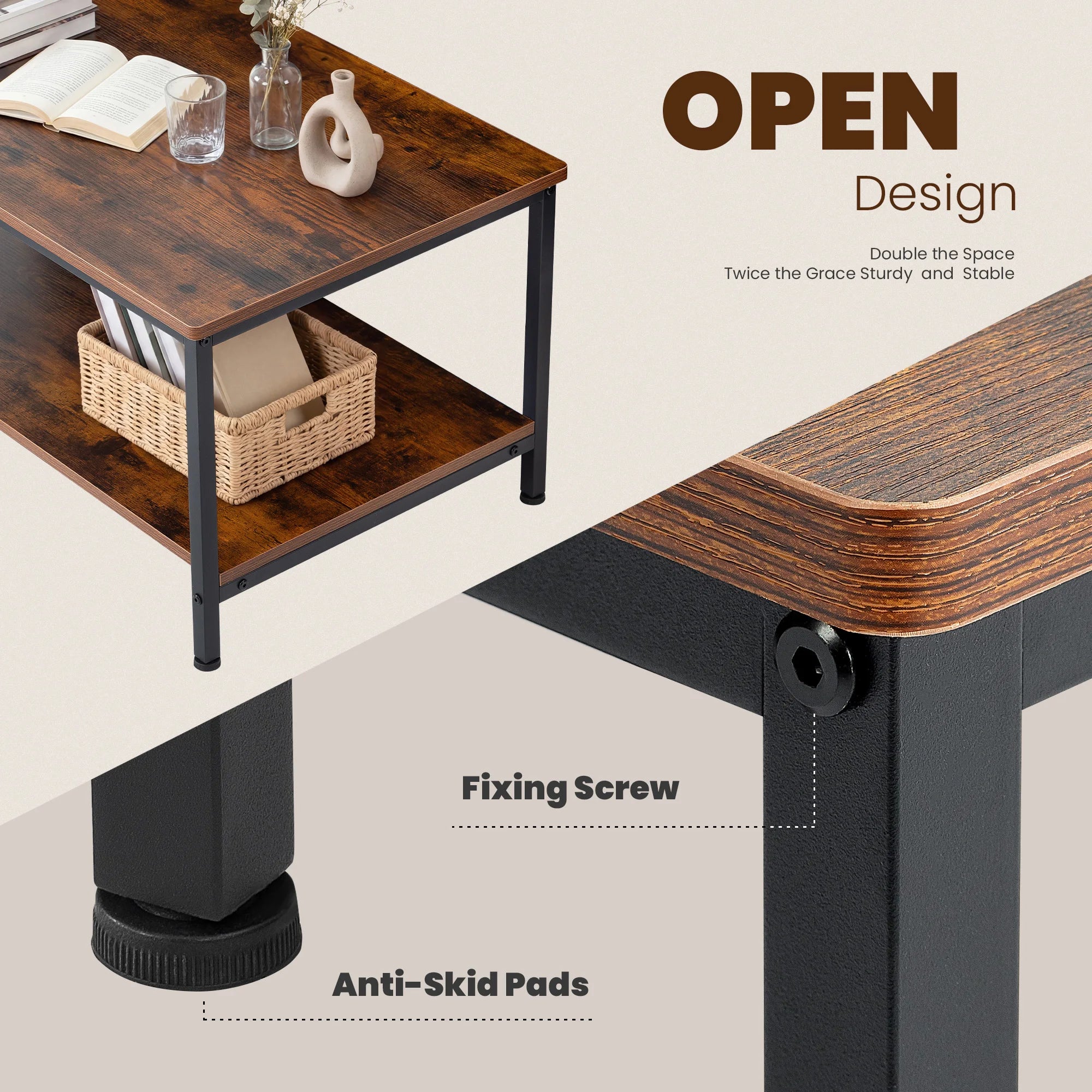 JHK 31IN Wood Coffee Table For Living Room 2-Tier Center Counter with Storage 50 lbs Capacity Anti-Slip Feet Modern Design