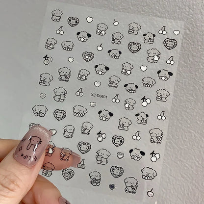 Set of 12 colorful cartoon dog and cat nail art stickers with 3D graffiti designs on self-adhesive 8x10cm sheets.