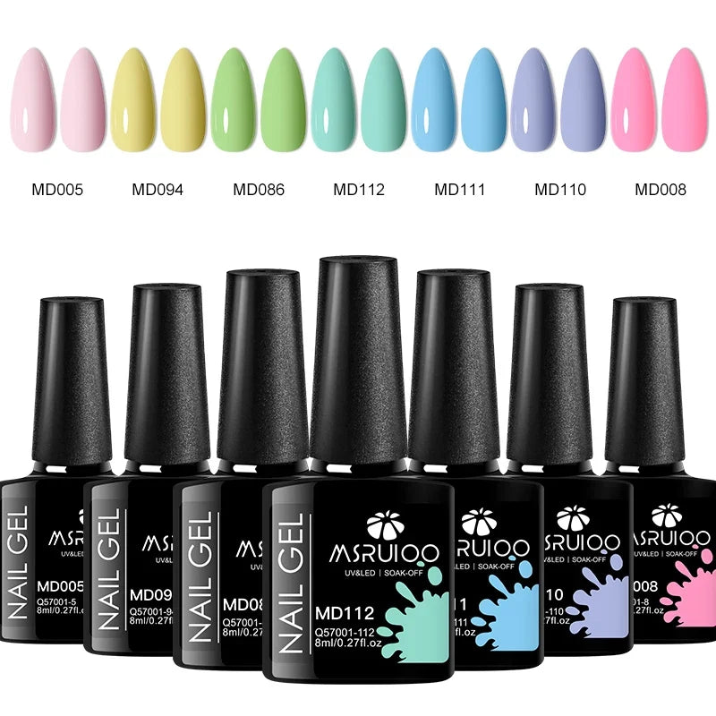 Blushimmer 7-piece gel nail polish set with colorful UV gel paints for DIY nail art and long-lasting manicures.