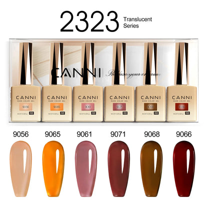 Blushimmer CANNI nail gel polish kit with 6 bottles of jade, nude, pink colors, HEMA-free, perfect for French nail designs.