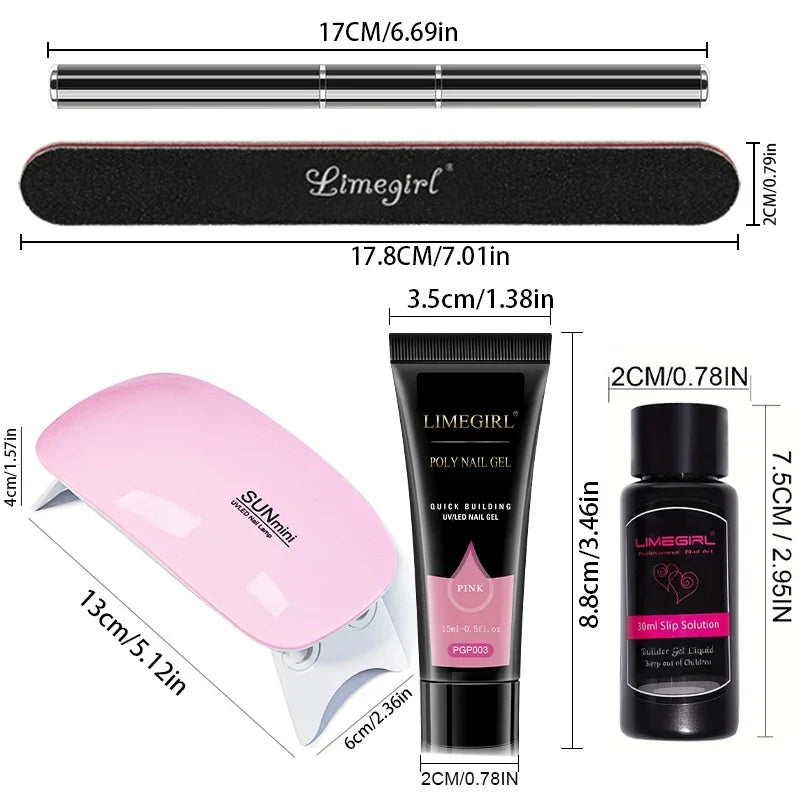 Blushimmer Limegirl 15ml extension nail gel set with 6W LED lamp, nail molds, and tools for quick full manicure and finger extension.