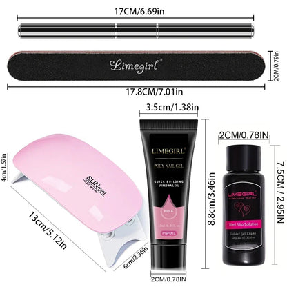 Blushimmer Limegirl 15ml extension nail gel set with 6W LED lamp, nail molds, and tools for quick full manicure and finger extension.