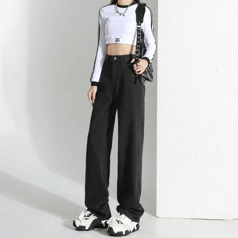 Lady Classic Daily High Waist Jeans Female Korean Solid Thin Pants Women Fashion Baggy Straight Leg Denim Trousers