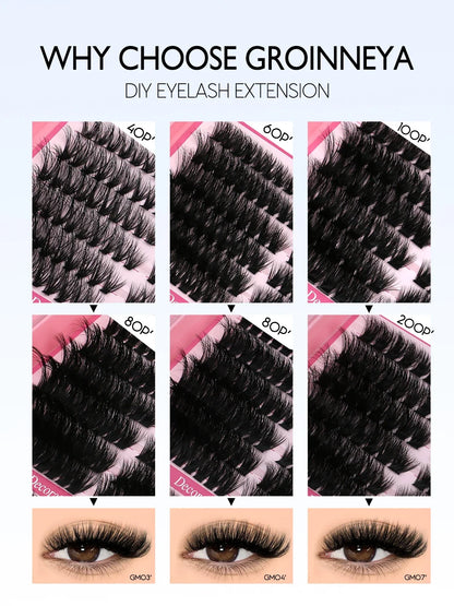 GROINNEYA Lash Clusters Kit Cat Lashes 640 Pcs with Lash Bond & Seal Cluster Eyelash Extensions Eyelash Clusters Kit DIY at Home