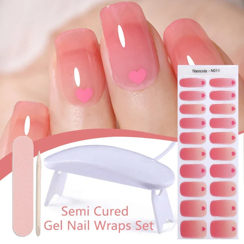 Blushimmer Harunouta 4-piece set of nude pink gradient jelly semi-cured gel nail strips with waterproof finish and nail lamp.