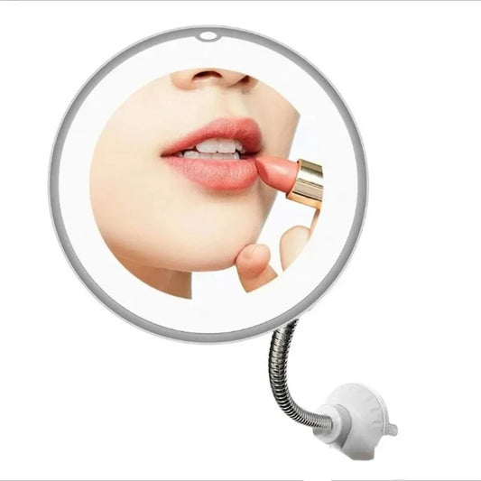 Blushimmer 10X magnifying LED makeup mirror with gooseneck, suction cup mount, diffused light, and 360° swivel for vanity or bathroom