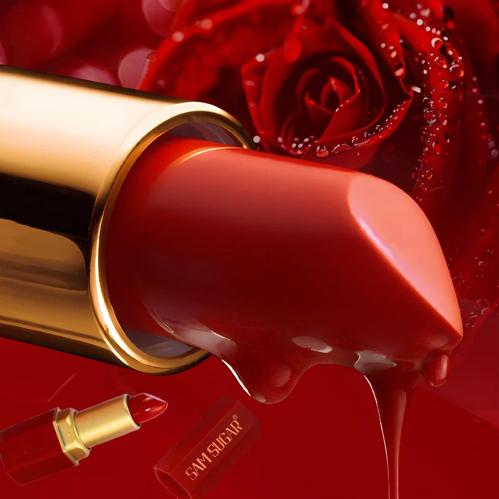 Blushimmer 6-pack gold bar tube velvet lipstick set with matte, pearlescent glitter textures in six colors for Valentine's Day.