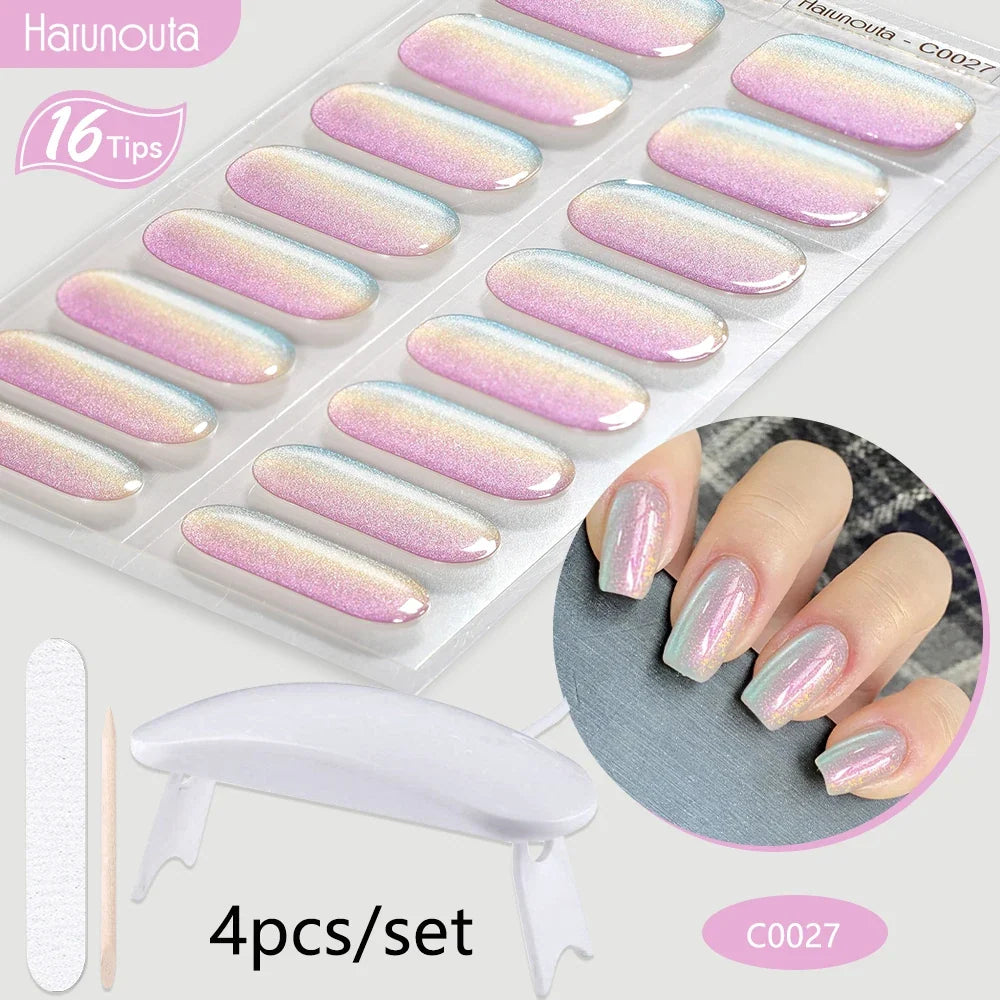 Blushimmer Harunouta 4-piece set of gradient jelly semi-cured gel nail strips with nude pink waterproof design and matching nail lamp.