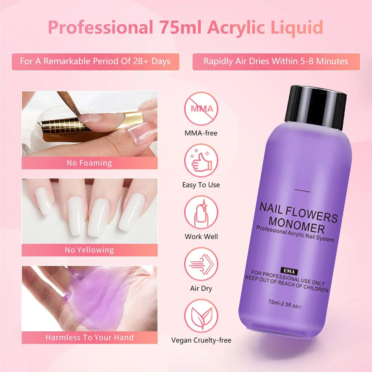 Blushimmer acrylic nail kit with clear, white, pink acrylic powders, liquid, brush, forms, cuticle oil pen, and manicure tools.