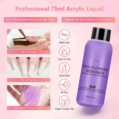Blushimmer acrylic nail kit with clear, white, pink acrylic powders, liquid, brush, forms, cuticle oil pen, and manicure tools.