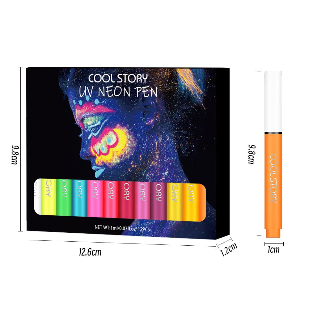 12-piece Blushimmer eyeliner pencil set with fluorescent UV glow and neon liquid eyeliner for bold festival makeup looks.