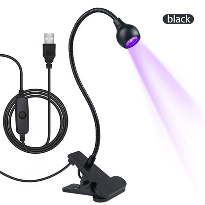 Blushimmer portable LED UV nail dryer with flexible clip-on design and mini USB power for gel nail polish curing.