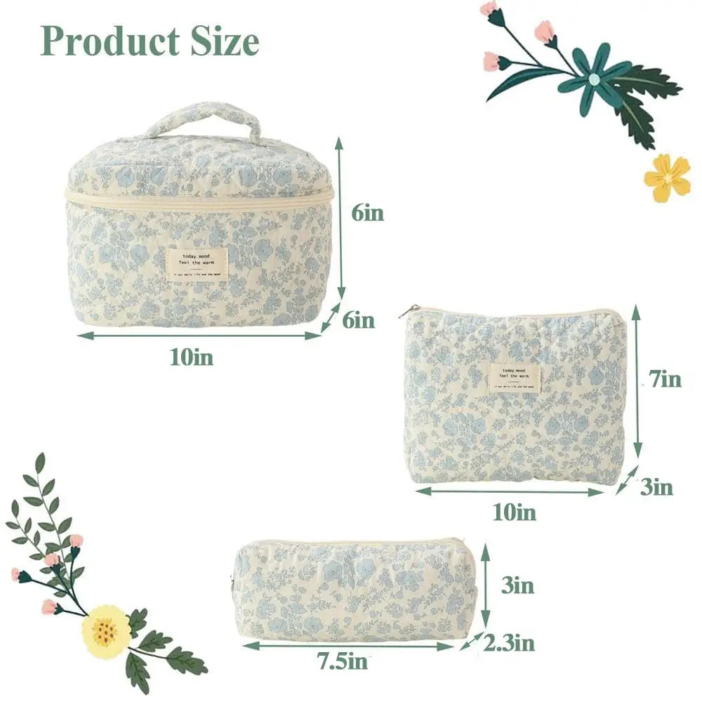 Cute quilted cotton makeup bag by Blushimmer with zipper closure, portable cloth organizer for cosmetics and toiletries.