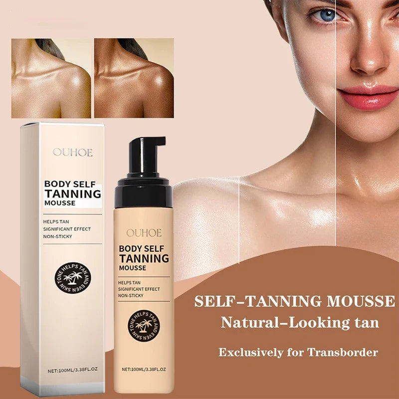 Blushimmer Summer Tanning Body Mousse in 100ml for sun-promoting, moisturizing bronze glow with wheat skin tone, UV damage protection