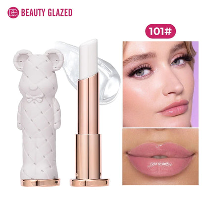 Beauty Glazed Bear moisturizing lipstick by Blushimmer, colorful nourishing lip balm with watery texture and easy-to-apply design.