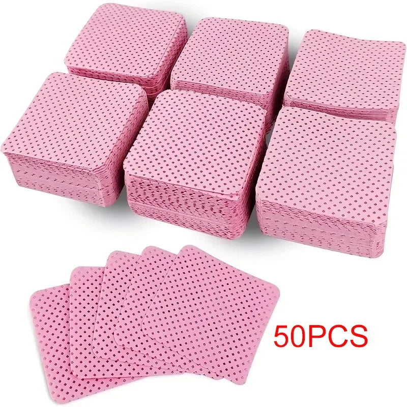 Set of 50 lint-free nail wipes in white and pink, super absorbent for gel polish removal, eyelash extensions, and nail prep by Blushimmer.