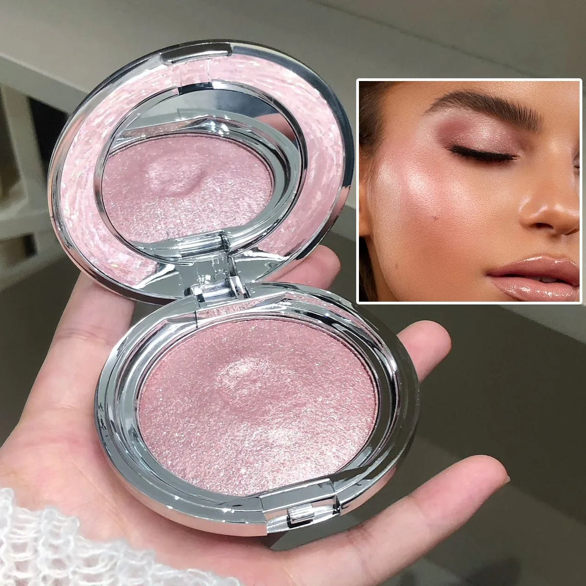 Blushimmer monochrome highlighter cream with diamond sparkle and pearlescent texture for radiant glow, contouring, and natural blush.