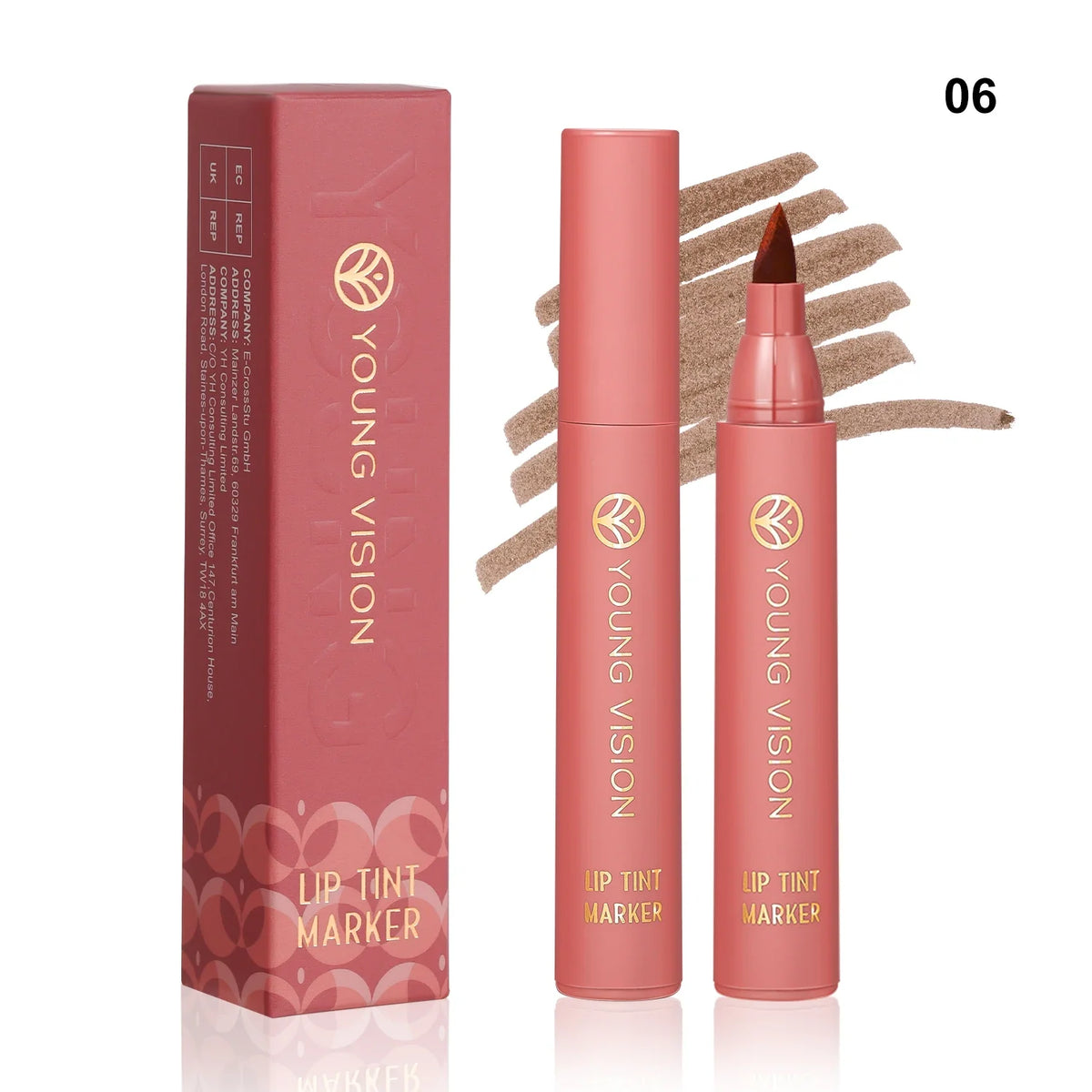 Blushimmer Lip Tint Pen with 6 matte water lipstick shades, featuring a smooth, long-lasting lip stain and non-stick cup.