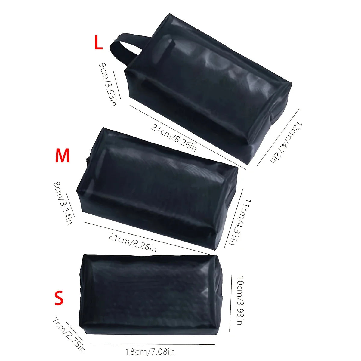 Black mesh cosmetic bag by Blushimmer with zipper, portable makeup organizer and toiletry pouch for travel storage.