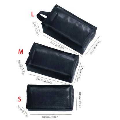Black mesh cosmetic bag by Blushimmer with zipper, portable makeup organizer and toiletry pouch for travel storage.