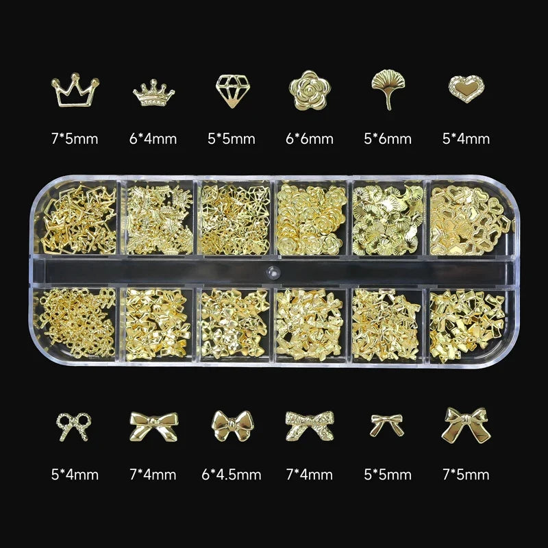 Set of 120 Blushimmer gold bow and butterfly nail charms with shiny bowtie and star designs for luxury nail art embellishments