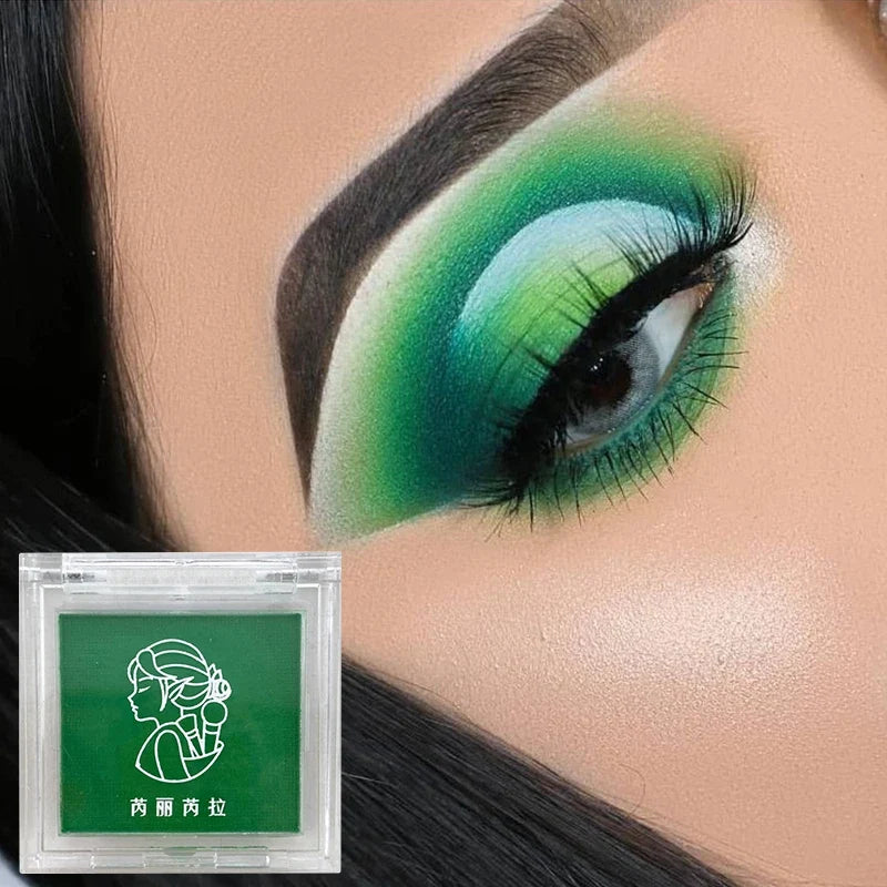 Matte green Christmas eyeshadow tray by Blushimmer, long-lasting, monochrome makeup for eyes and cheeks on all skin tones.