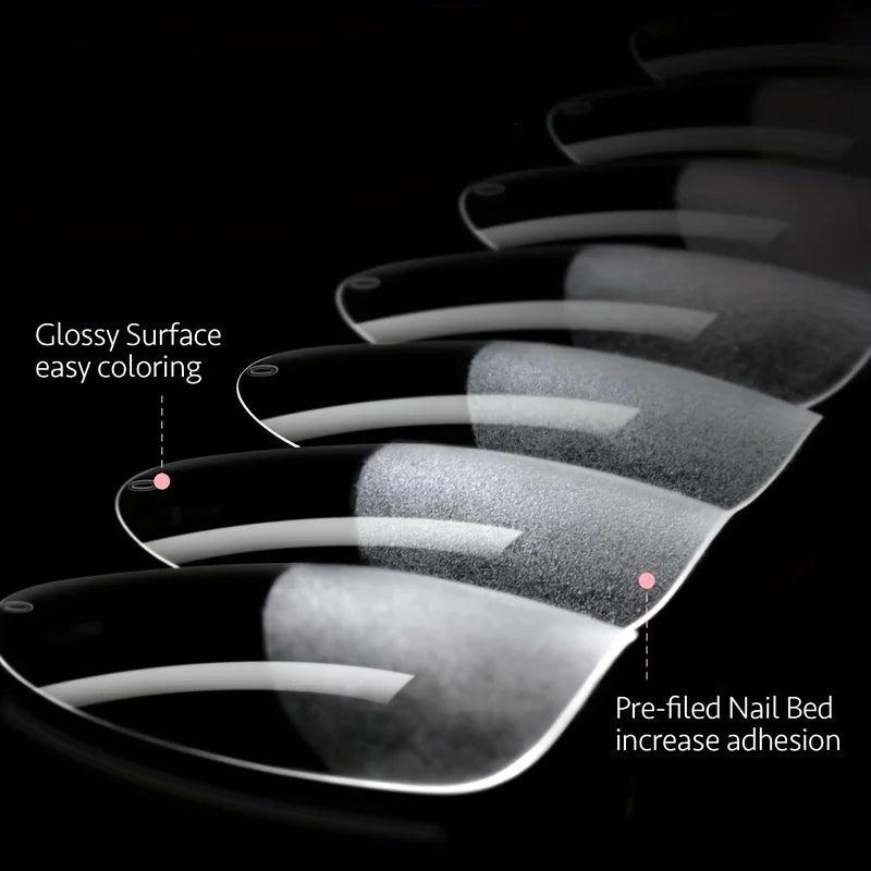 Blushimmer 120-piece full cover gel nail tips set featuring stiletto, almond, square, and coffin shapes for false nail extensions.