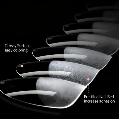 Blushimmer 120-piece full cover gel nail tips set featuring stiletto, almond, square, and coffin shapes for false nail extensions.