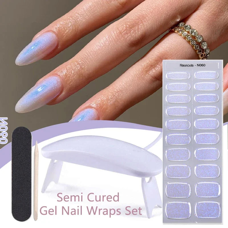 Blushimmer Harunouta 4-piece set of gradient jelly semi-cured gel nail strips with nude pink waterproof stickers and nail lamp.