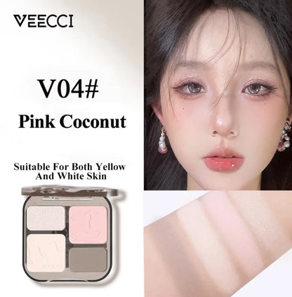 VEECCI 4-color contour palette with matte and shimmer shades for bronzer, highlighter, and facial makeup in nude tones