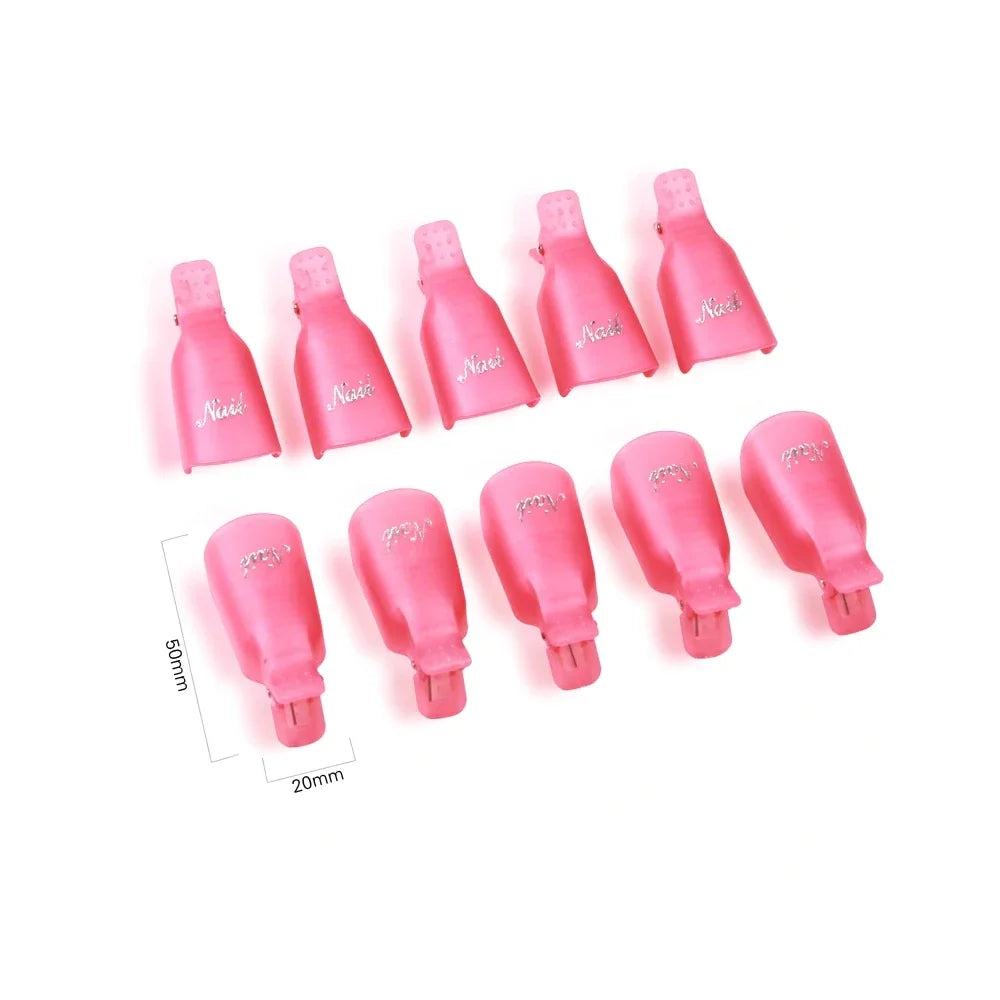 Set of 10 reusable gel nail polish remover cap clips for finger and toe nails, ideal for acrylic, gel, and soak-off nail art applications.