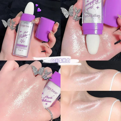 Blushimmer shimmer fairy powder highlighter with loose white face and body glitter, bronzer, and illuminator for radiant makeup glow.