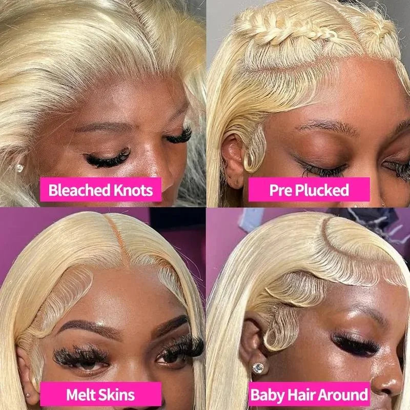 Straight 40-inch blonde human hair lace frontal wig by Selvanelle, with 13x6 transparent lace, pre-plucked for natural look