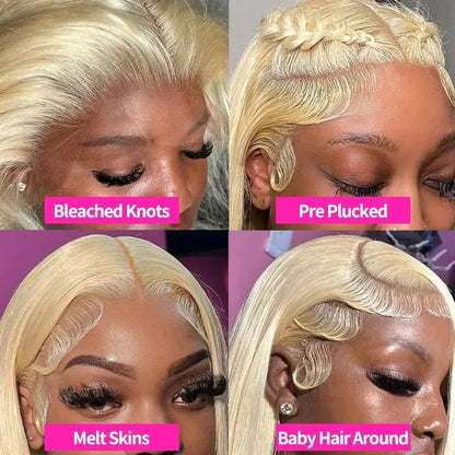 Straight 40-inch blonde human hair lace frontal wig by Selvanelle, with 13x6 transparent lace, pre-plucked for natural look